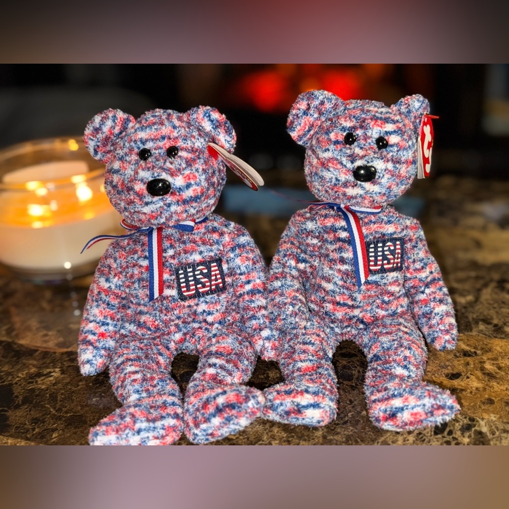 🇺🇸 Ty Beanie Babies USA Bear Set of 2 (July 4, 2000) Red White Blue Patch